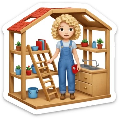 smiling blonde curly girl arranging furniture in doll house with overalls sticker