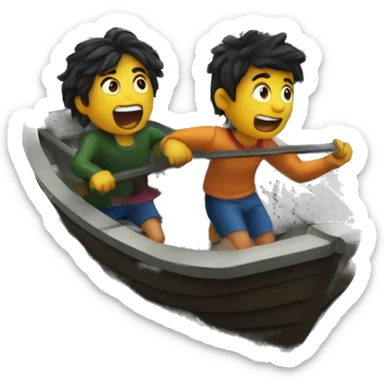 two friends escaping in boat in stormy ocean sticker