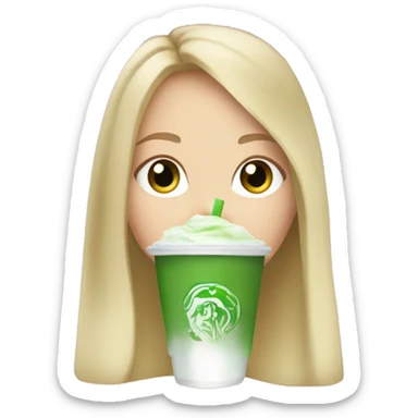 White girl with blonde long hair drinking iced matcha latte with green eyes sticker