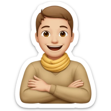 Person with arms crossed while holding neck and laughing sticker