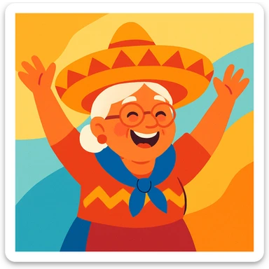 grandma with a sombrero, arms up in the air, vibrant and joyful sticker