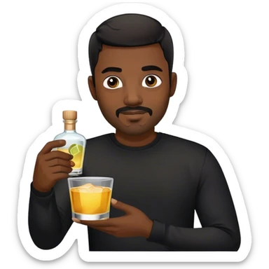 dark black guy, short black hair, facial hair, holding tequila, black shirt  sticker