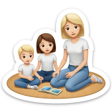 create a flat illustration of a children's room where the mother is sitting on the floor and two children are playing nearby sticker
