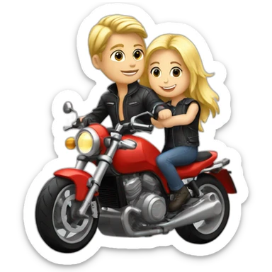 Garçon blond + fille blonde à l'arrière sur une moto ducatti sticker