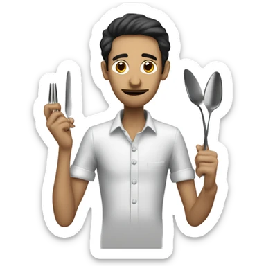 Skinny man with fork and spoon and handkerchief ready for food sticker