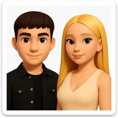 Slightly increase the volume of the upper body of the girl, separate the girl and the boy from each other, make the skin color the same for both. Maintain the cartoonish 3D style look as in the reference image. Keep the background transparent. sticker