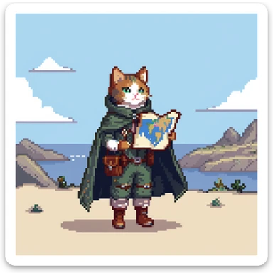 Cat explorer holding map, mountain landscape with stars, wearing explorer gear with cloak blowing in wind, gazing at horizon sticker