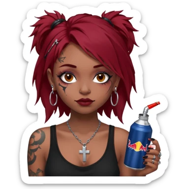 generate an ios genmoji of a girl with dark red messy hair with eyeliner on her eyes.  septum piercing, wearing a cami black top, has tattoos, on shoulders. ear piercings. wearing a cross silver necklace. Holding a redbull. dusky skin color.  sticker