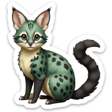 Dark-Green, black-pointed, soft natural realistic romantic vintage antique divine beautiful elegant pretty precious cute young youthful  Fakémon-Pokémon-opossum-feline-serval-caracal-chinchilla-Minccino-Cinccino-Meowstic-rodent-hybrid-creature with a big fluffy bushy tail (full body) sticker