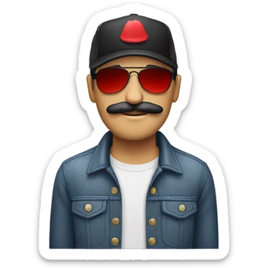 a white male with black hair, wearing red with a moustache and a trucker hat and sunglasses  sticker