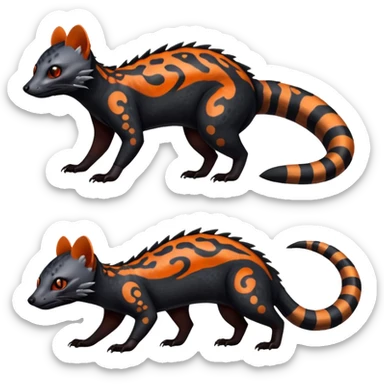Rare warm-colored exotic edgy epic aesthetic spooky dark modern colorful cyber-Genet-Trico-Salandit-Civet-species-Fakemon-hybrid-creature, with beautiful intricate markings, full body sticker