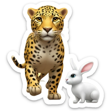 A yellow Jaguar walking on a beach with a white rabbit during sunset  sticker