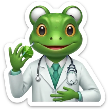 A frog in a doctor’s coat, happily examining a patient, portrait sticker