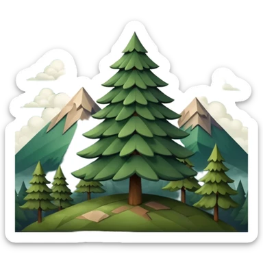 simple single evergreen tree with clouds and mountain in folk style, dark neutral forest colors, favicon or emoji style sticker