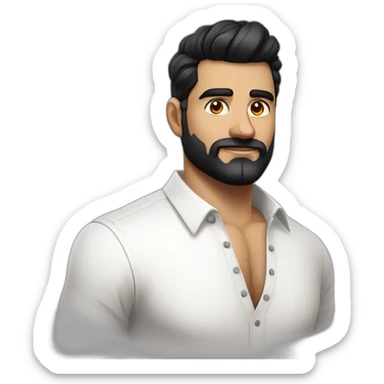 close up of white skin indian in plain white shirt with sleeve up and quiff black hair style and beard sticker