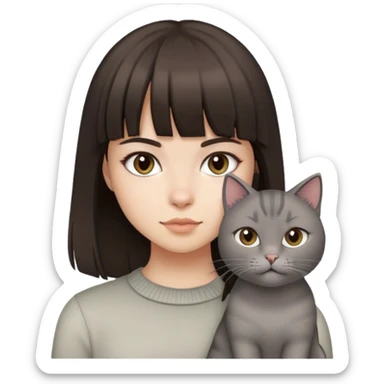 Dark Brown hair girl with fringe and a grey cat sticker