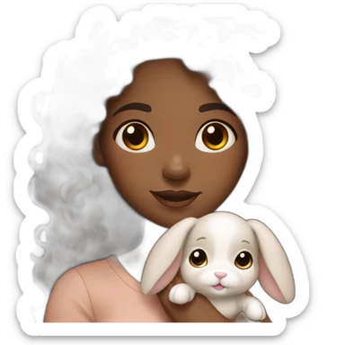 black woman dark long curly hair holding cute floppy eared light brown bunny sticker