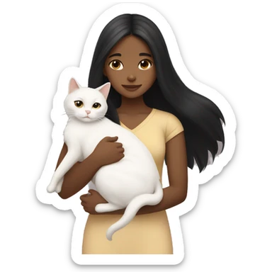 girl with very long black hair and light brown skin hugging a white cat sticker