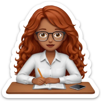 Pretty brown model, brown eyes, soft long red wavy hair, falling asleep at desk sticker