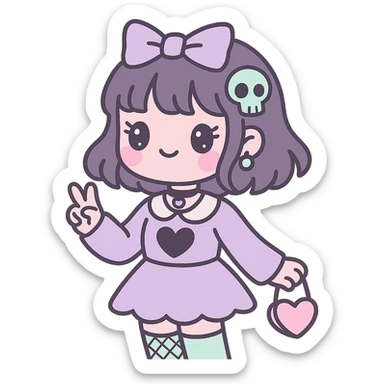 gothic K-pop girl in dreamy pastel goth style, soft colors, gothic details, whimsical pose, cute accessories sticker