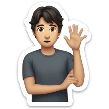 It was not me, dark hair I am innocent confused nervous little man raising palms up in surrender and staring sticker