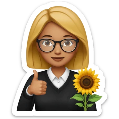 Make my biology teacher shes light brown, wears glasses, female, fat, all black sweater down and sunflower shirt under and make her give 1 thumbs up sticker