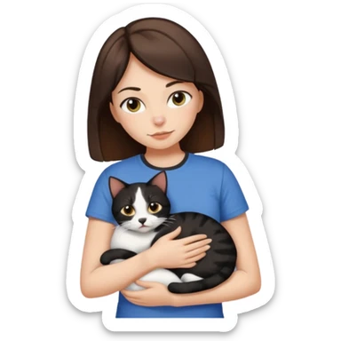 Brunette woman wearing a tshirt snuggling black brown and white calico cat sticker