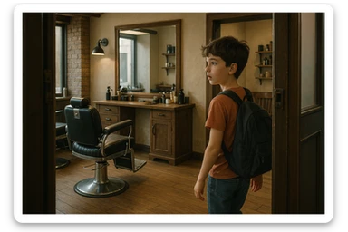 Sartaroshxonaga kirib kelayotgan bola sartaroshxona unchalik eski emas ammo yangi ham emsa sticker