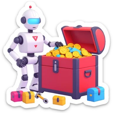 an AI robot opening a treasure chest, releasing colorful ideas and tools, representing AI unlocking human potential for strategic thinking sticker