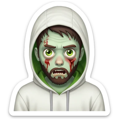 zombie with shocked expression, undercut hairstyle with dark brown hair, short full beard, heterochromia with one green eye and one brown eye, wearing plain white hoodie sticker