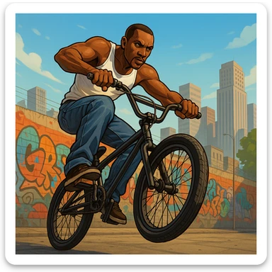 CJ from GTA San Andreas riding a BMX with a background sticker