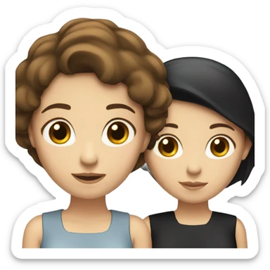 two caucassian woman with brown hair standing next to each other. One has black hair the other one has brown hair and is slightly shorter then the woman with black hair sticker