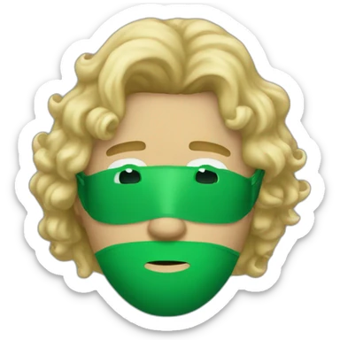 A man wearing a green plane mask with medium length blonde curly hair sticker
