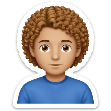 curly hair boy, bronzer skin, hair parted on the right side, brown eyes, blue clothes sticker