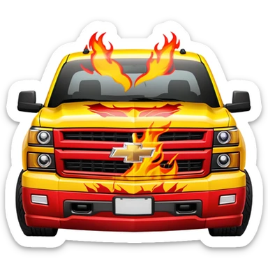 Bright yellow Chevrolet Silverado with red flame artwork exclusively on the front bumper, clean hood, exactly as in Kill Bill, 30-degree angle showcasing bumper detail, iOS emoji style sticker