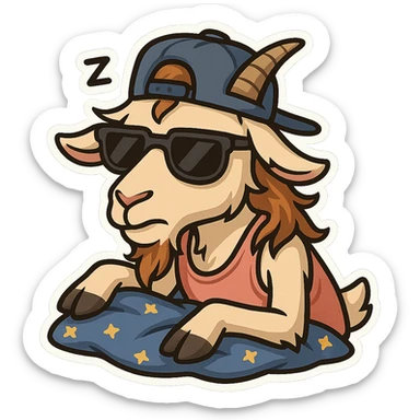 goat for Telegram stickers inspired by reference https://attic.sh/feoducyurkpqwz0la088soao98sx: wearing a cap, glasses, mullet hairstyle, pink drunkard tank top. спит на голубых тряпках с узором звездочка sticker