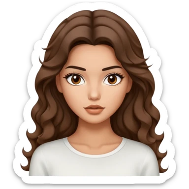 Beautiful woman model  large breasts  with brown  monolid narrow eyes tan skin, full lips  long curled hair model white  top Kendal Jenner  sticker