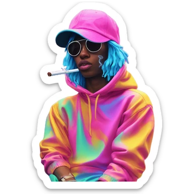 Multicoloured neon Vaporwave person smoking wearing hoodie dancing hip hop bucket hat tropical Skater fashion aesthetic baggy clothes graphic t shirt 420 sticker