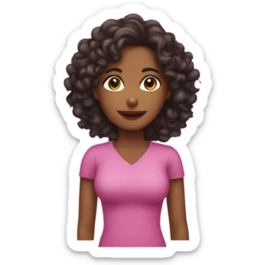 brownskin woman with dark long curly hair and wearing pink sticker