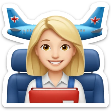 

:a happy confident student after IELTS, traveling abroad, airplane, university, freedom, smiling

Style: emoji, clean, simple, white background. sticker