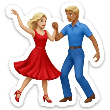 Two people. Man  wearing all red  with brown hair. Women iall blue with blond hair. Swing Dancing.  sticker