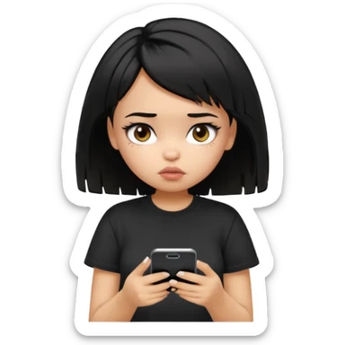 generate a pretty bratz girl with short black messy hair, looking tired and using her phone, wearing an oversized black tshirt sticker