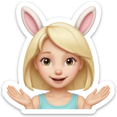 A playful blonde female cartoon character with wide, mischievous eyes, smiling, bunny ears accessory, dynamic pose suggesting movement, pastel colors, minimalistic and cute emoji style. sticker
