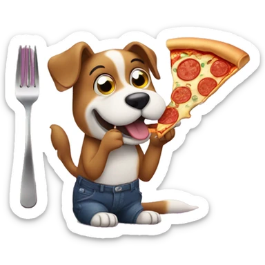 Dog eating pizza with a fork sticker