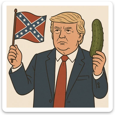 Donald Trump holding a confederate flag and a pickle, neutral illustrative style sticker