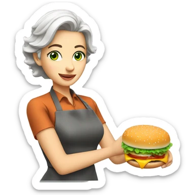 blonde gray-haired cook with green eyes making burger sticker