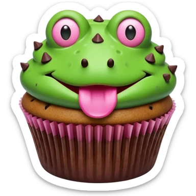 cupcake with frosting decorated to look like a frog face sticker