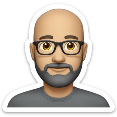 marketing strategist, 40 years old,with brown eyes, light caukassian skin,short black grey beard, bald, wearing bold glasses, and shirt sticker