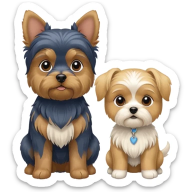 Generate a blue and tan purebred yorkie with a blonde shi tzu yorkie mix with floppy ears sitting next to each kther sticker