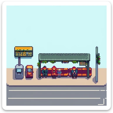 pixel art city bus stop with passengers waiting, bus arriving sticker